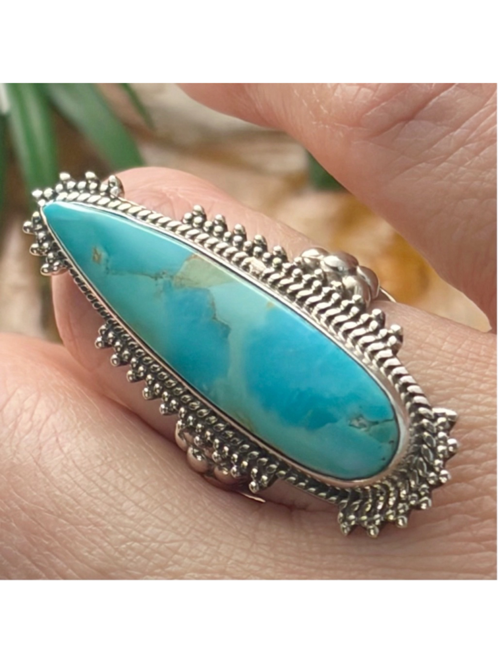 Sterling Silver 925 Turquoise Ring Size 7 Long Boho Southwest Blue New - Picture 3 of 13